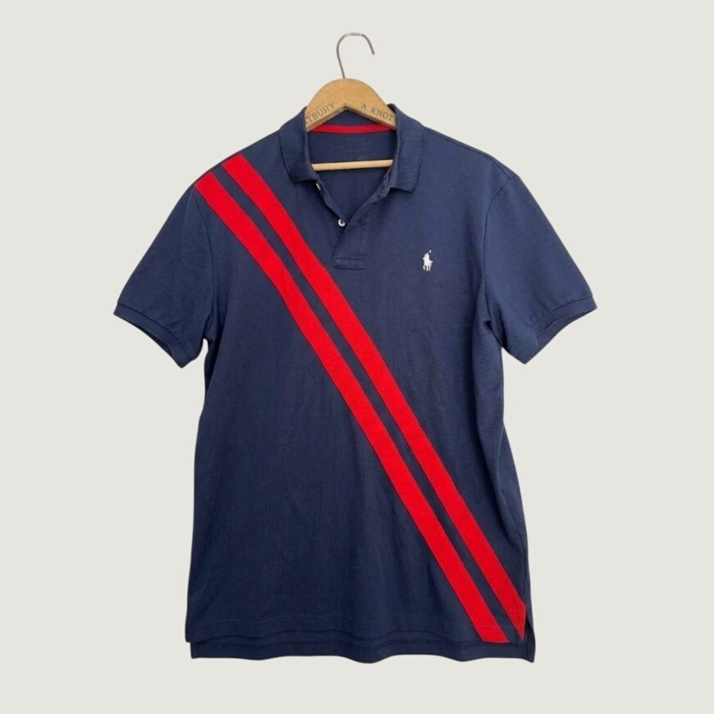 Polo Ralph Lauren Mens Large Navy Blue Red Diagonal Racing Stripe Polo Shirt L